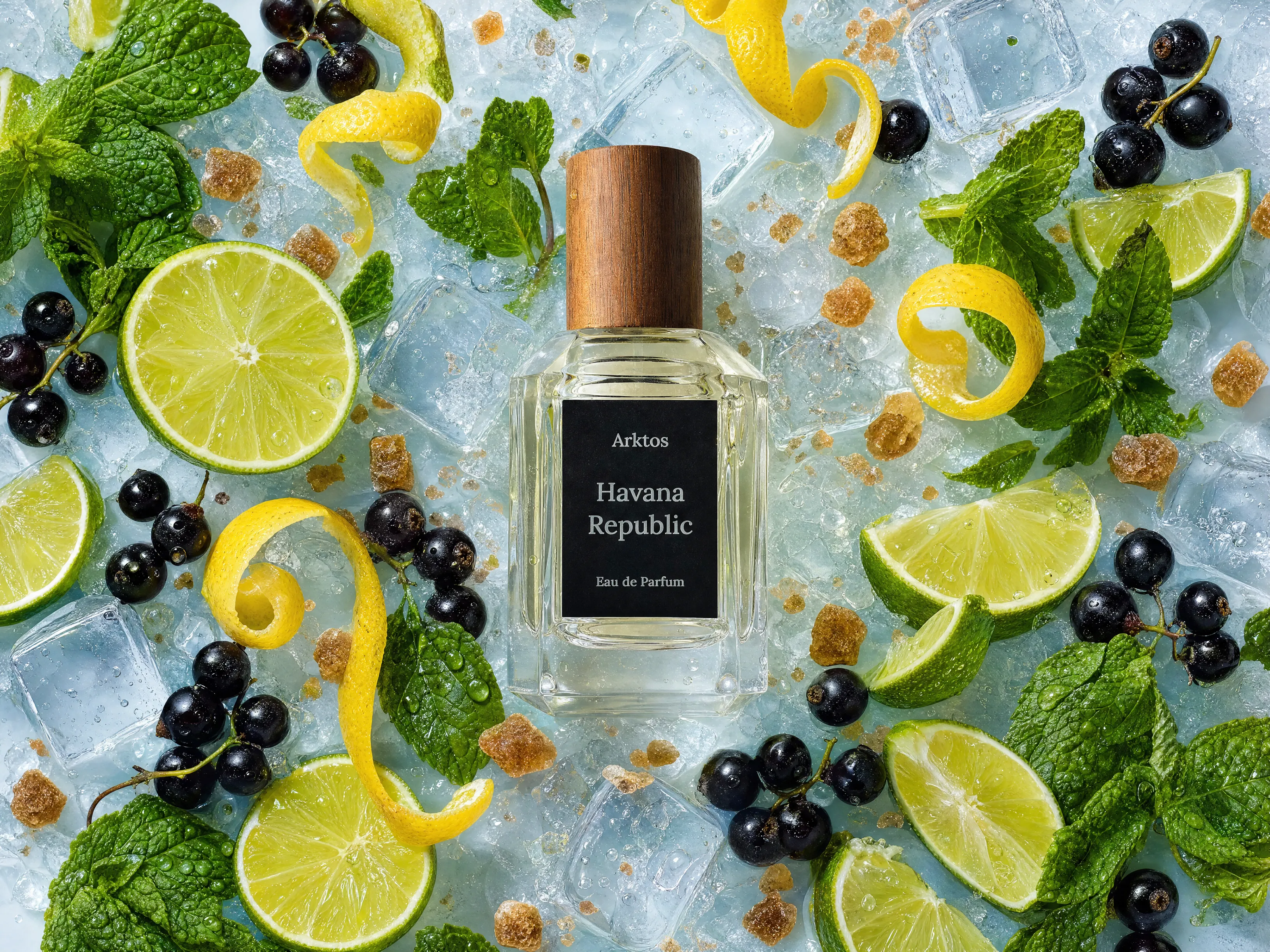 Havana Republic perfume bottle on crushed ice with mint leaves, lime, blackcurrant and brown sugar