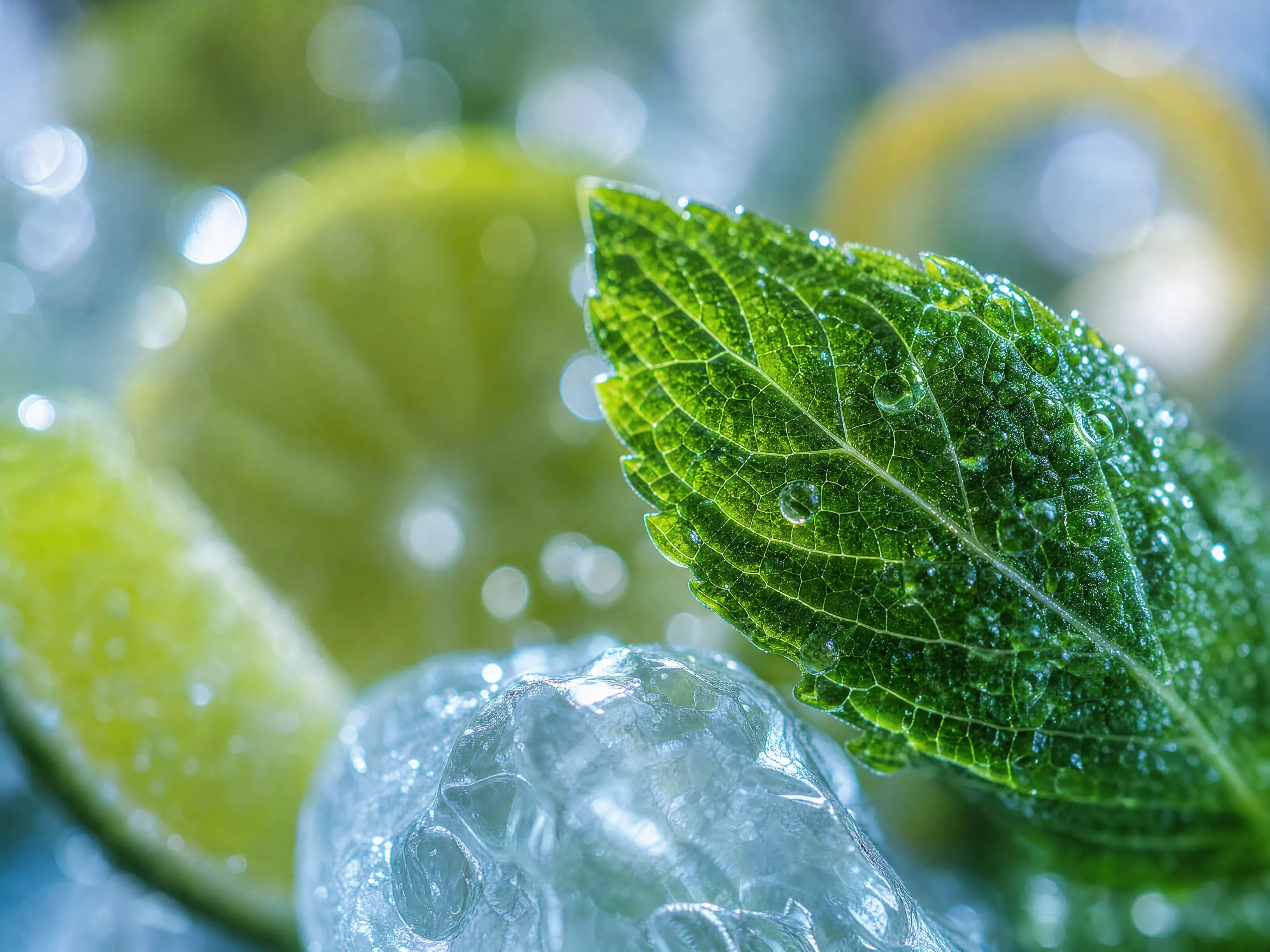 Macro view of a single mint leaf covered in tiny water droplets resting against ice