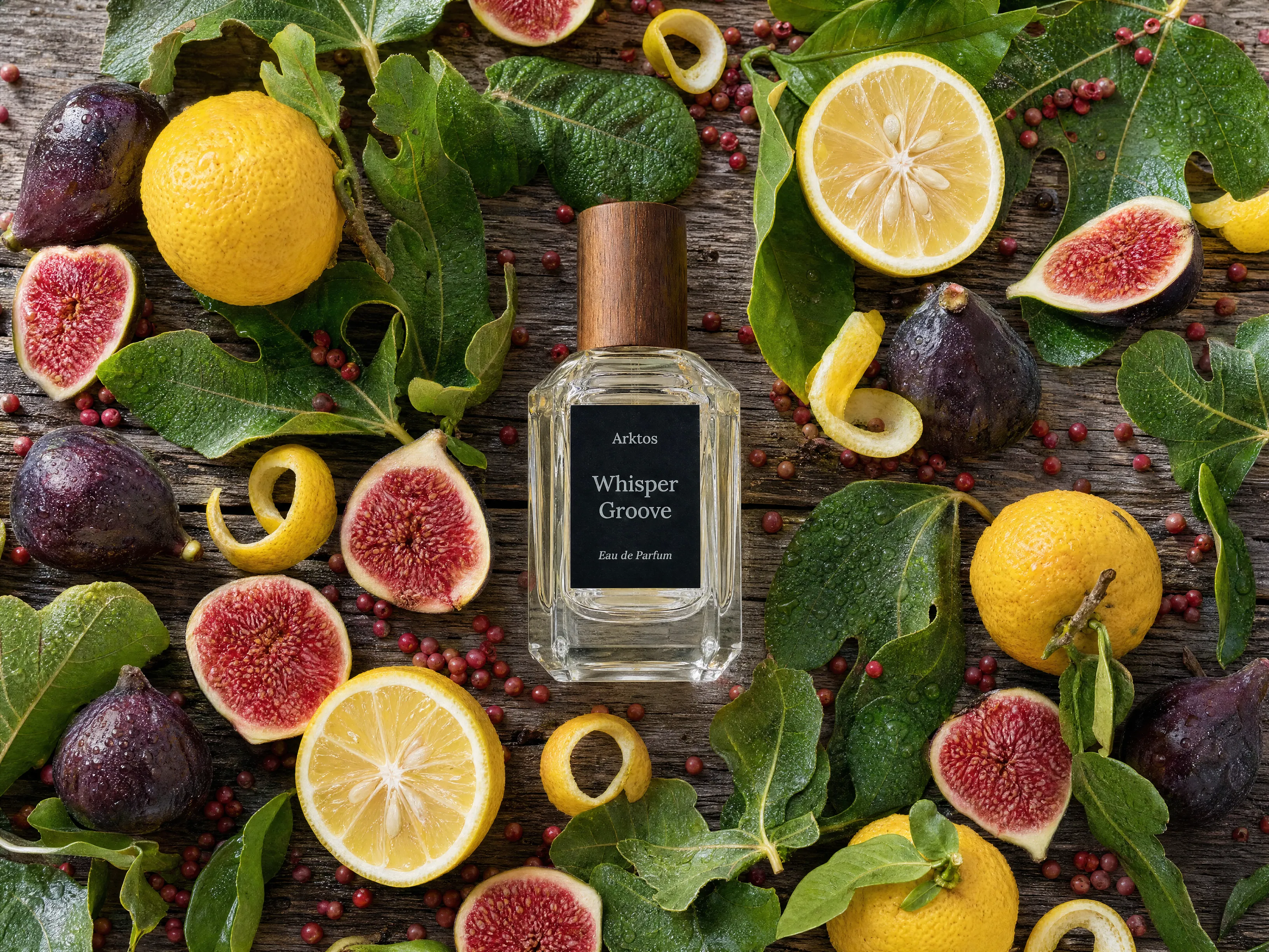 Arktos Whisper Groove perfume bottle surrounded by yuzu, figs and pink peppercorns on weathered wood